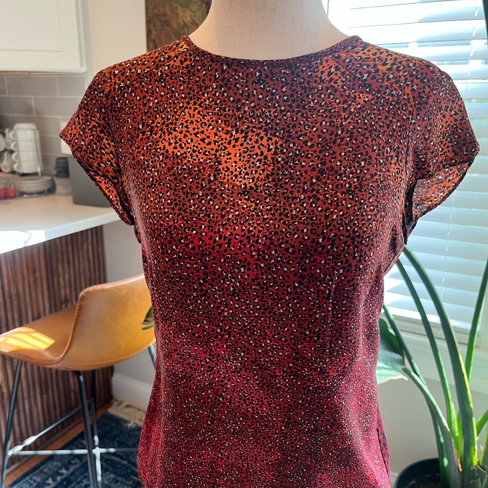 Nanette Lepore Silk Red Orange Leopard Print Short Sleeve Blouse, Size 2